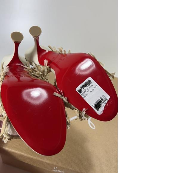 Meroine 85mm raffia Tan Woven fringe heels mules D984 - Picture 8 of 11